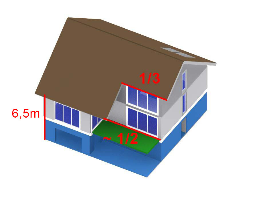 Isometrisches Haus mit braunem Dach, Glasfassade und grünem Vorplatz; Maße 6,5 m 1/3 Dachteil