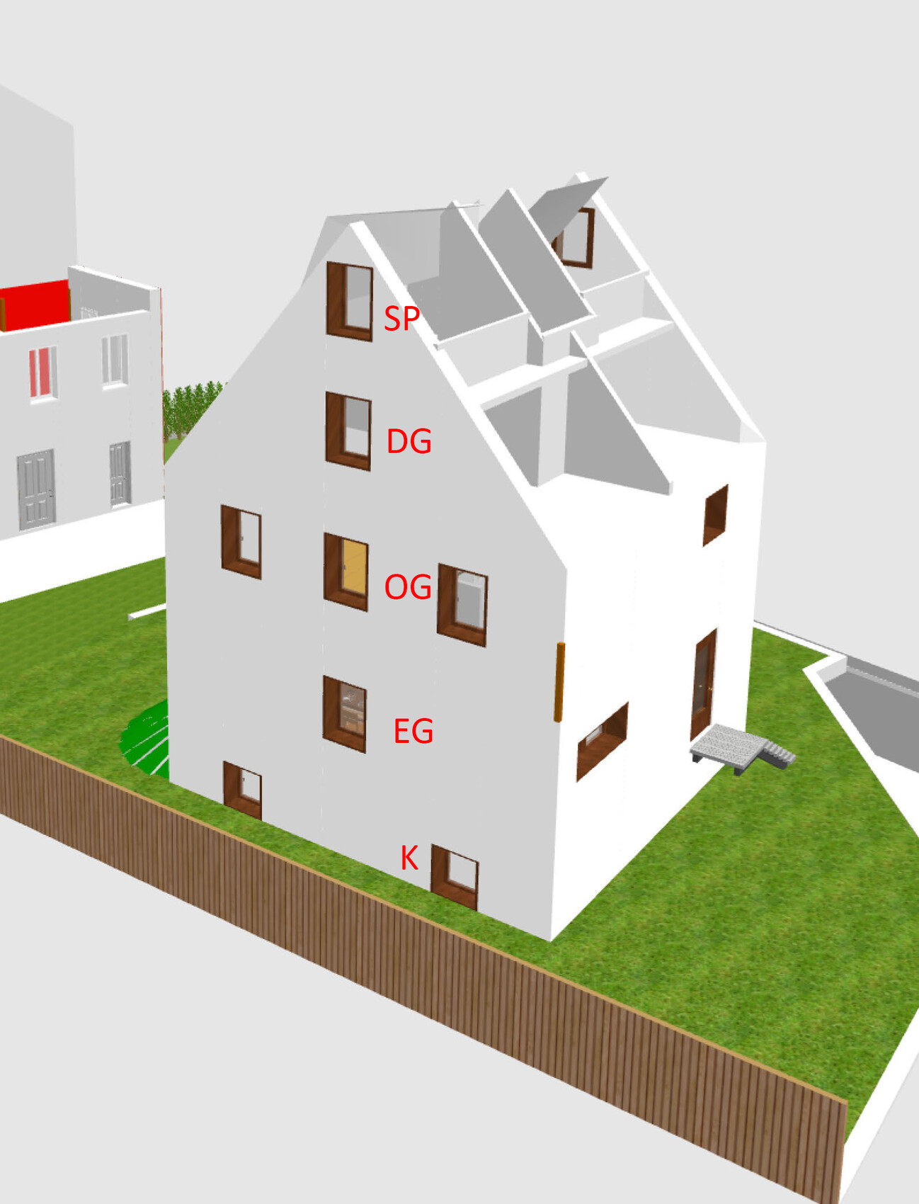 3D-Hausmodell mit rot markierten Stockwerken: K, EG, OG, DG, SP.