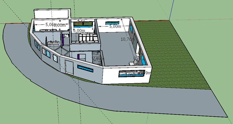 3D-Modell eines kurvenförmigen Gebäudes mit Innenräumen, Türen, Treppen und Gartenfläche.
