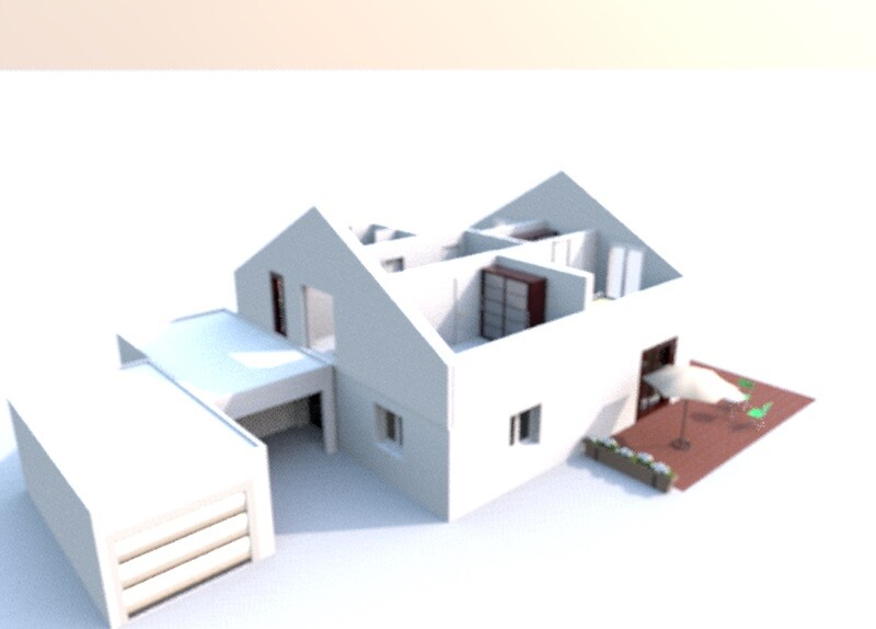 3D-Hausmodell eines modernen Einfamilienhauses mit Garage und Terrasse