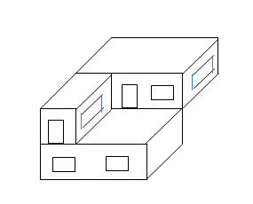 Isometrische 3D-Darstellung eines mehrteiligen Hauses mit Fenstern.