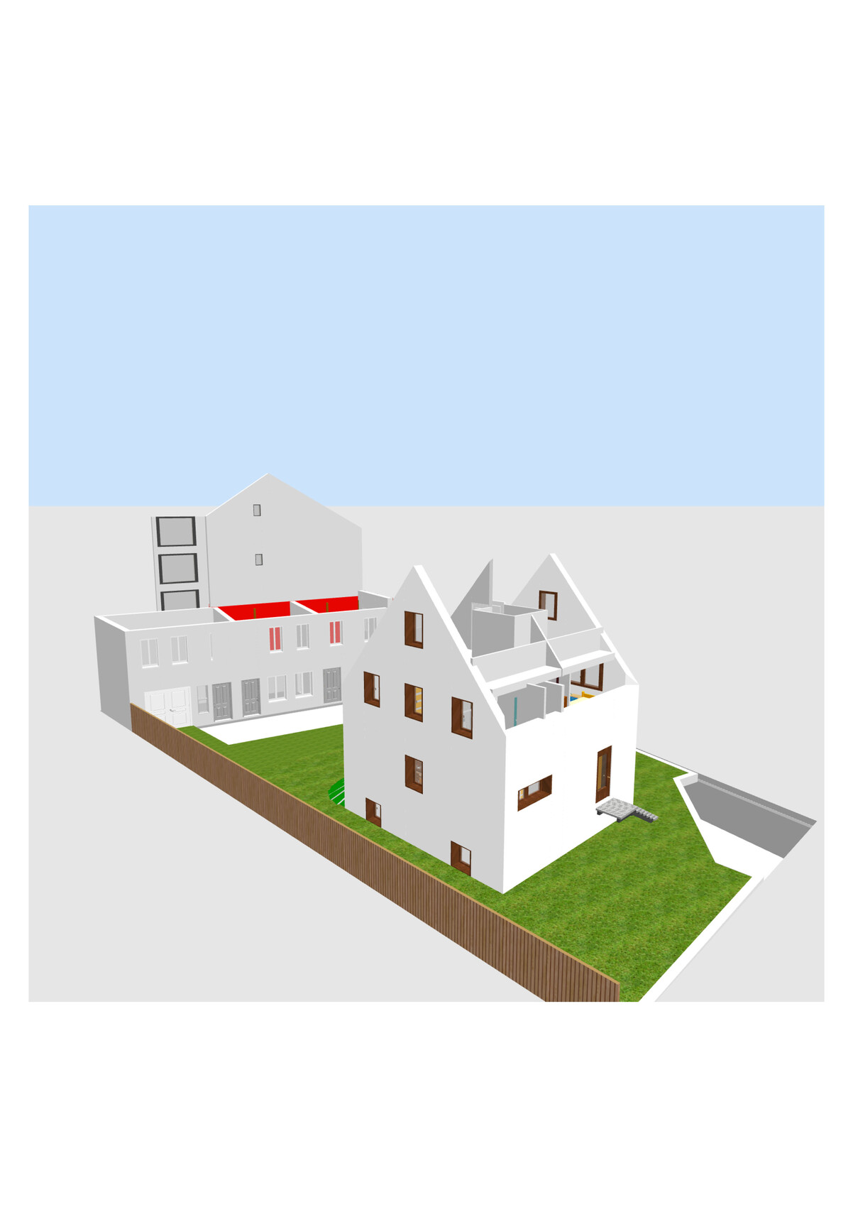 3D-Ansicht eines Wohnkomplexes mit Innenhof, Garten und Zaun.