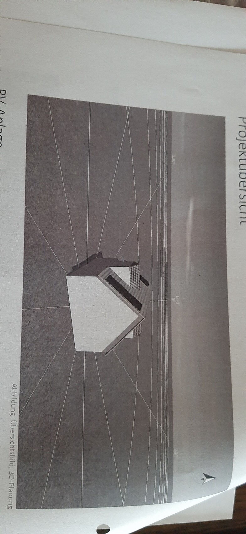 3D-Architekturmodell eines modernen, weißen Gebäudes mit geometrischen Flächen auf grauem Boden.