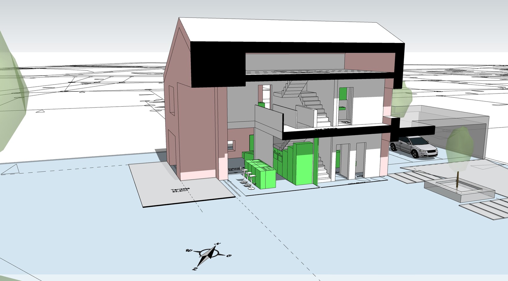 Schnitt durch ein zweistöckiges 3D-Hausmodell mit offener Küche, Treppe und Garage