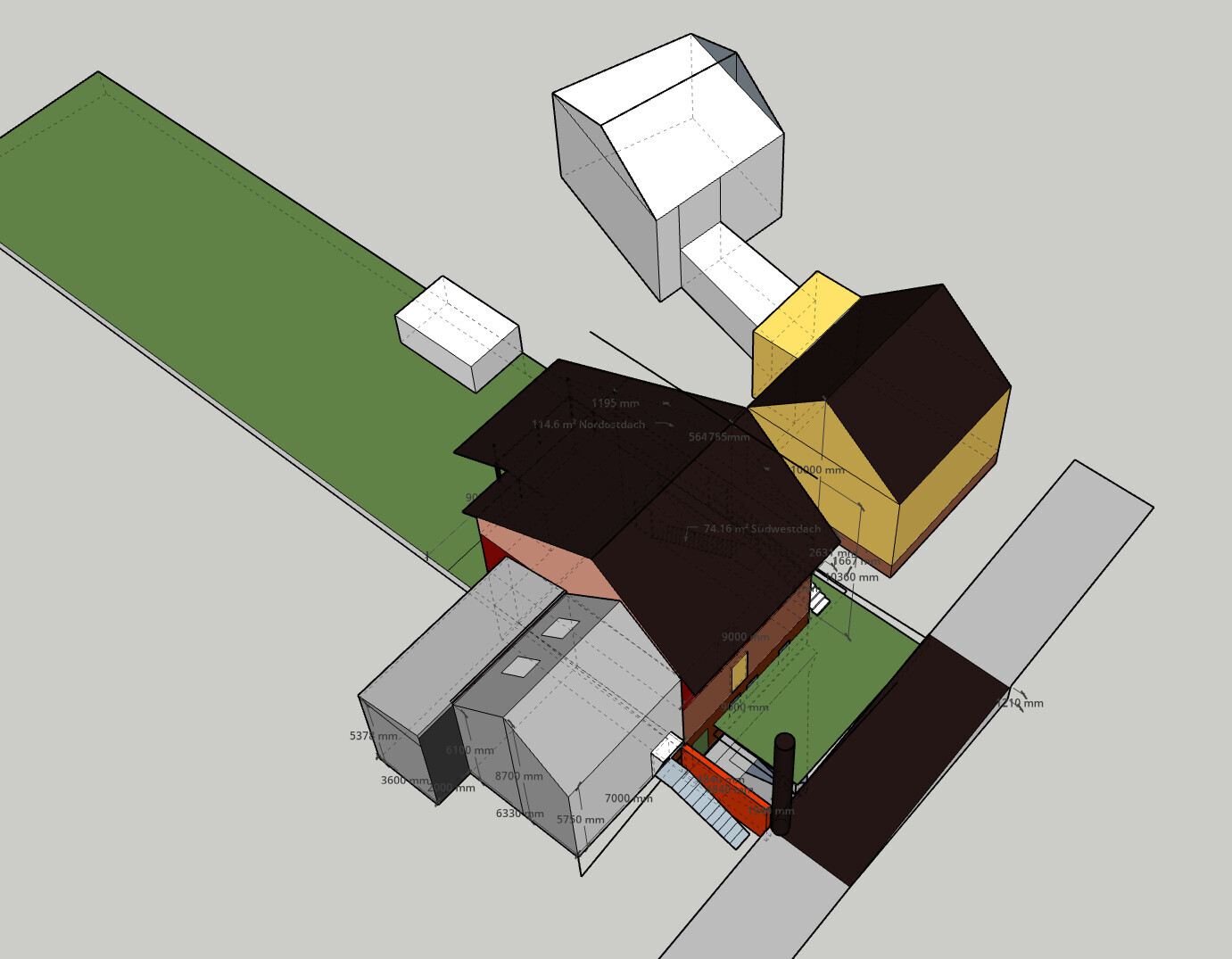 3D-Architekturmodell eines Hauses mit Dach, Garten und Zufahrt