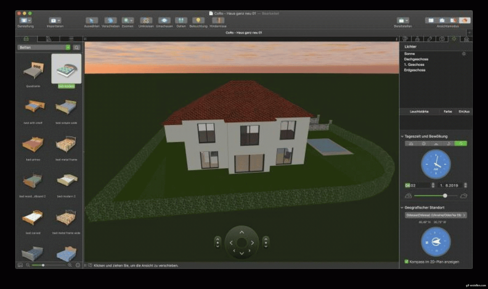 3D-Hausmodell in Design-Software mit rotem Ziegeldach und Garten