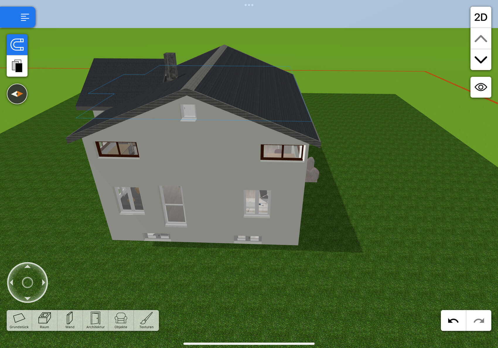 3D-Modell eines Hauses auf grasbewachsenem Grundstück, Vogelperspektive.