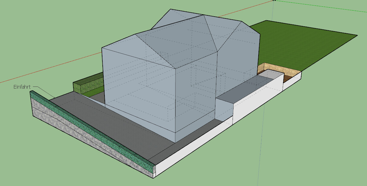 3D-Hausmodell auf Grundstück mit Zufahrt und Gartenbereich