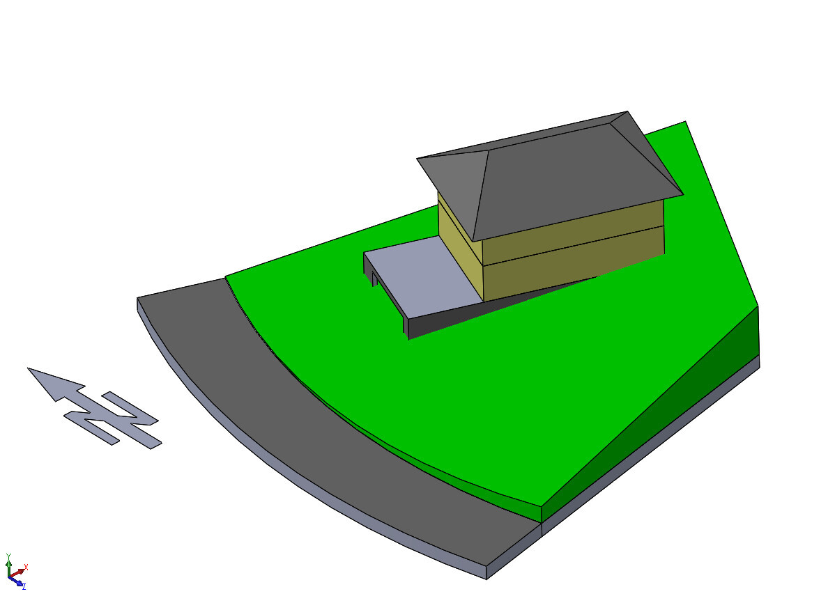 3D-Hausmodell auf grünem Grundstück mit Zufahrt und umlaufender Terrasse