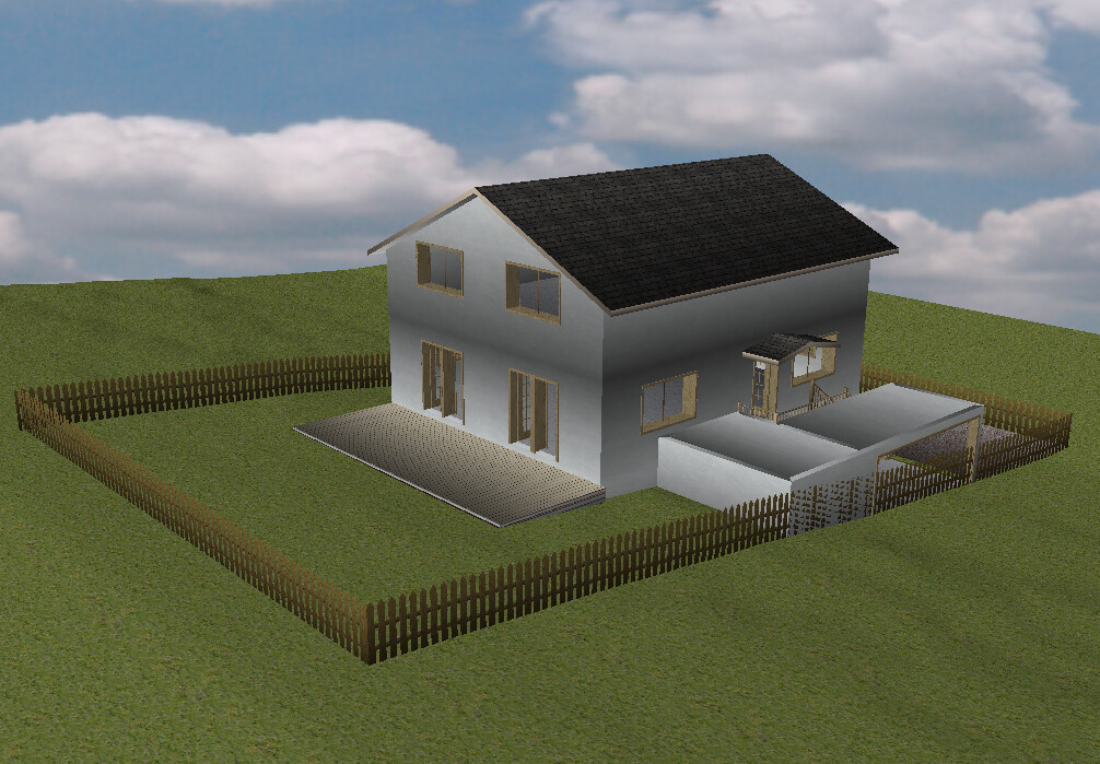 3D-Render eines Einfamilienhauses mit grauer Fassade, dunklem Dach und Gartenzaun