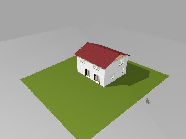 Kleines 3D-Haus auf grünem Grundstück mit rotem Dach, perspektivisch dargestellt