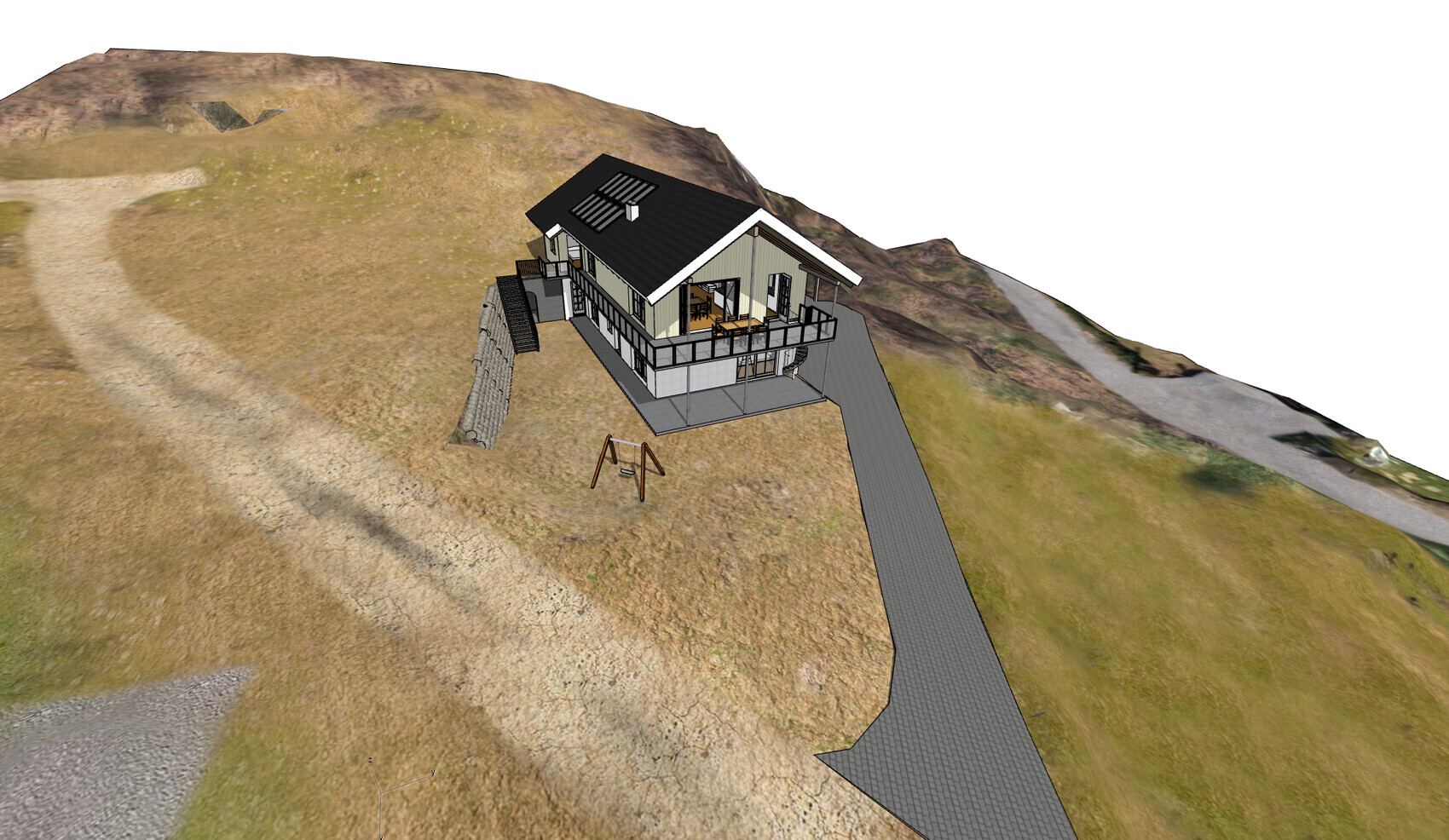 Modernes Hanghaus mit Terrasse, Geländer, langem Zufahrtsweg und Spielgerät davor.