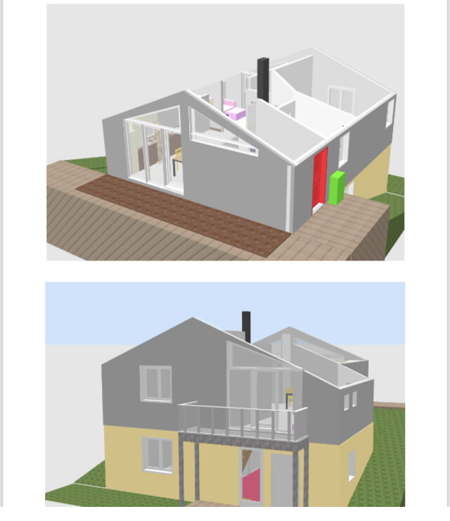 Zwei 3D-Ansichten eines modernen Hauses mit grauen Obergeschossen, gelber Basisfassade und Balkon.
