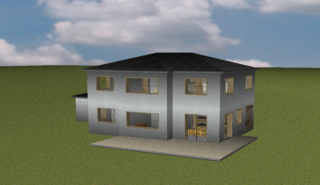 Zweistöckiges graues Haus auf grünem Gelände mit Terrasse und großen Fenstern.