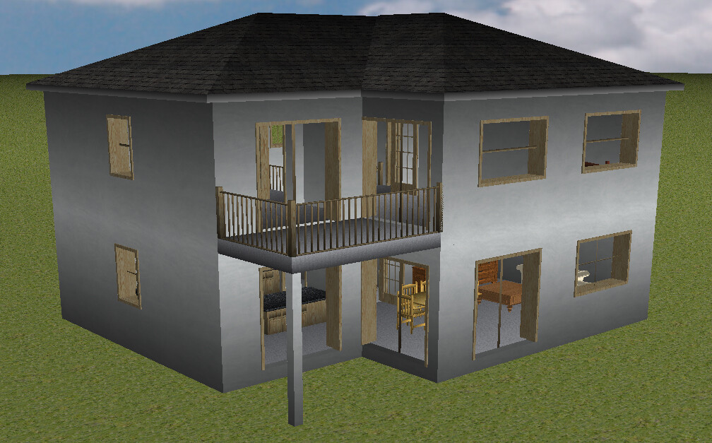 Dreidimensionales Hausmodell mit Balkon, grauer Fassade, Dach und sichtbaren Innenräumen