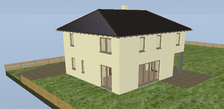 3D-Modell eines beigefarbenen Hauses mit dunklem Dach, Terrasse und Garten.