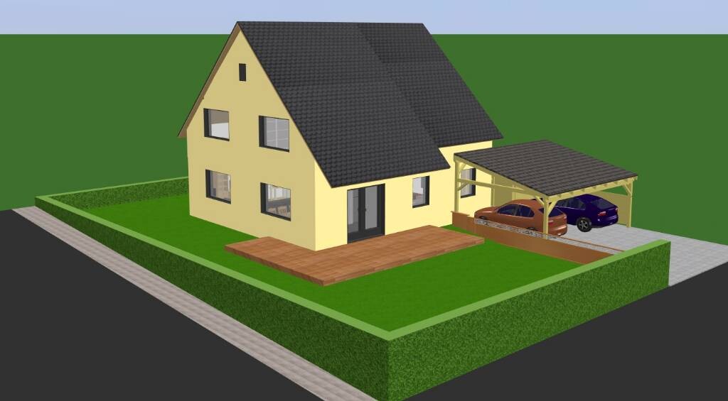 Gelbes Einfamilienhaus mit dunklem Dach, Carport mit zwei Autos, Holzterrasse und grünem Garten.