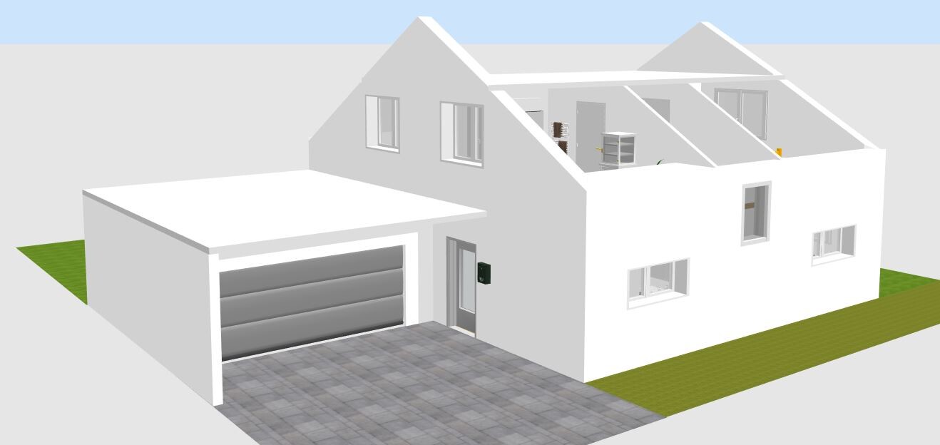 3D-Modell eines weißen Einfamilienhauses mit Garage und Zufahrt – Frontansicht