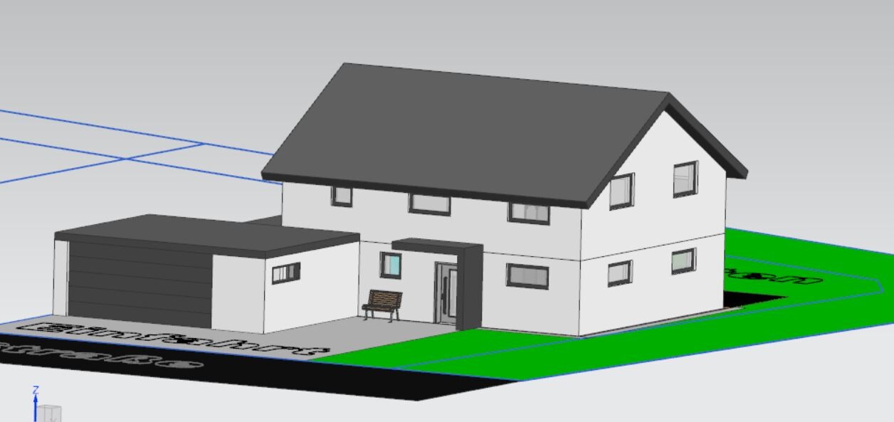 3D-Modell eines Einfamilienhauses mit Garage, Eingang und Grünfläche