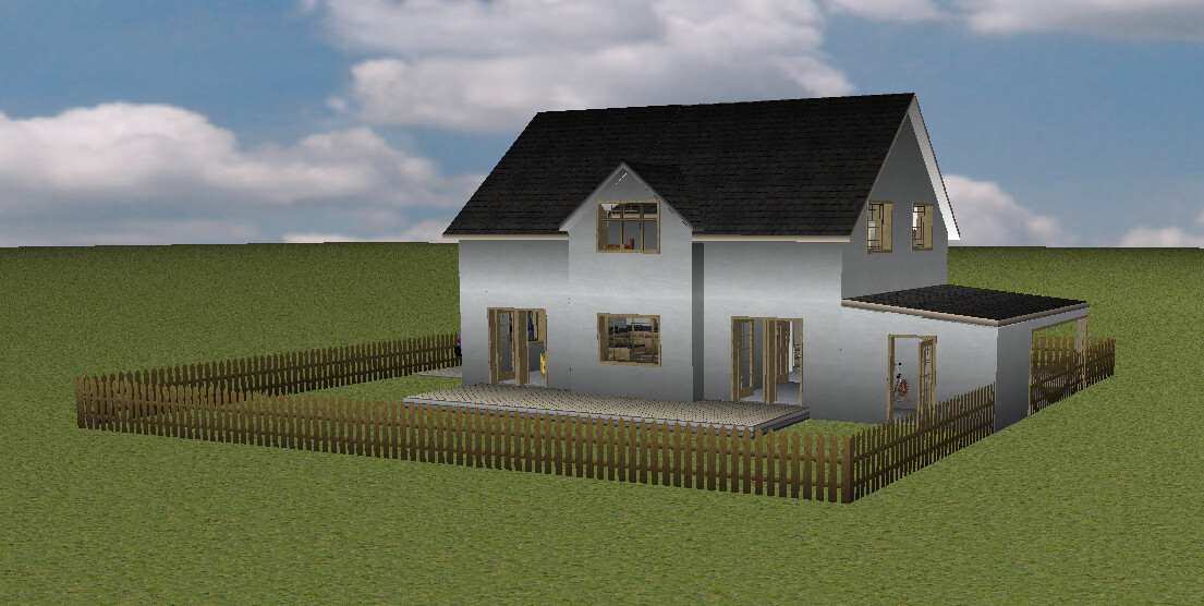 3D-Hausmodell: zweistöckiges Haus mit grauer Fassade, schwarzem Dach und Gartenzaun.
