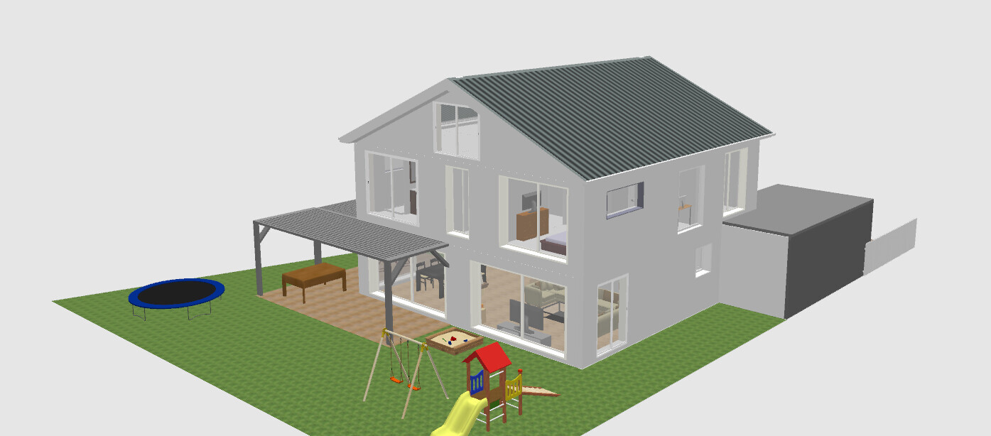 3D-Modell eines Hauses mit Garten, Terrasse, Spielplatz und Trampolin