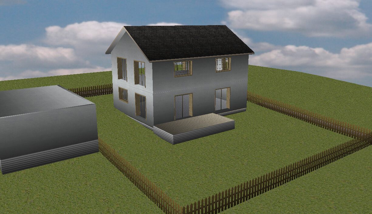 Zweistöckiges graues Haus mit schwarzem Dach, Holzterrasse, Garten und Holzzäune.