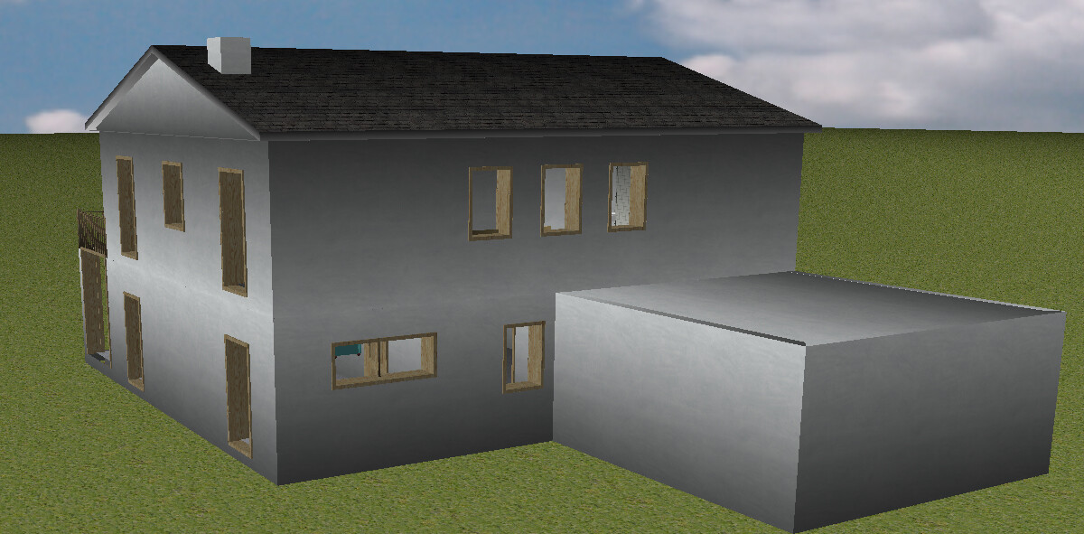 Zweistöckiges graues Haus mit mehreren Fenstern und angrenzender rechteckiger Garage auf Rasen.
