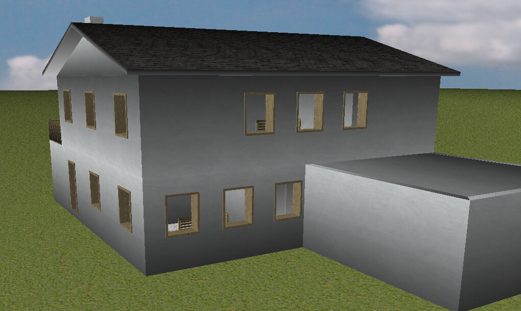 Zweistöckiges graues Haus mit vielen Fenstern und Garage auf grünem Rasen.