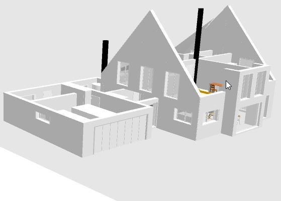 3D-Hausmodell mit Garage und Dachgauben, seitliche Ansicht.