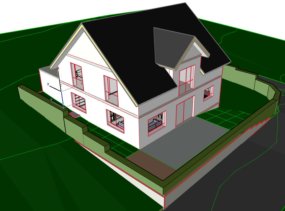 3D-Ansicht eines weißen Hauses mit schwarzem Dach, roten Fenstern und Gartenmauer.