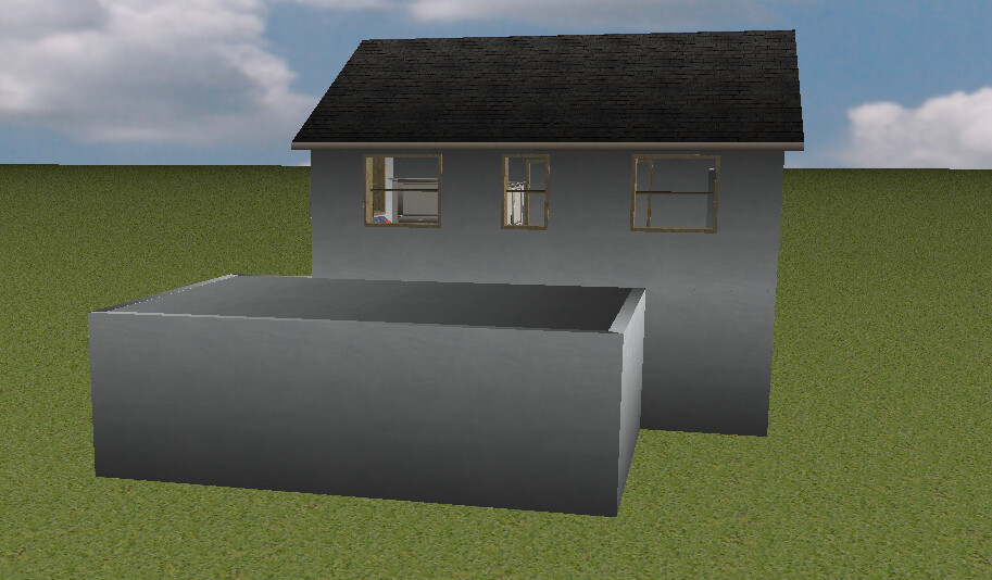 3D-Modell eines Hauses mit Anbau-Garage auf grünem Gelände