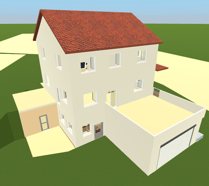 Helles Mehrfamilienhaus mit rotem Ziegeldach, Seitenanbau und Garage.