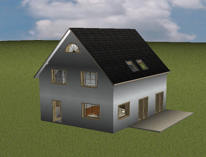 Zweistöckiges graues Haus mit dunklem Satteldach, Holzfenstern und Terrasse auf Gras.