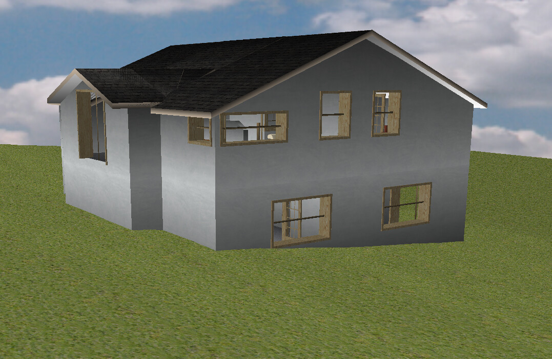 3D-Hausmodell auf grünem Hang, graue Fassade, schwarzes Dach, Fensterrahmen aus Holz.
