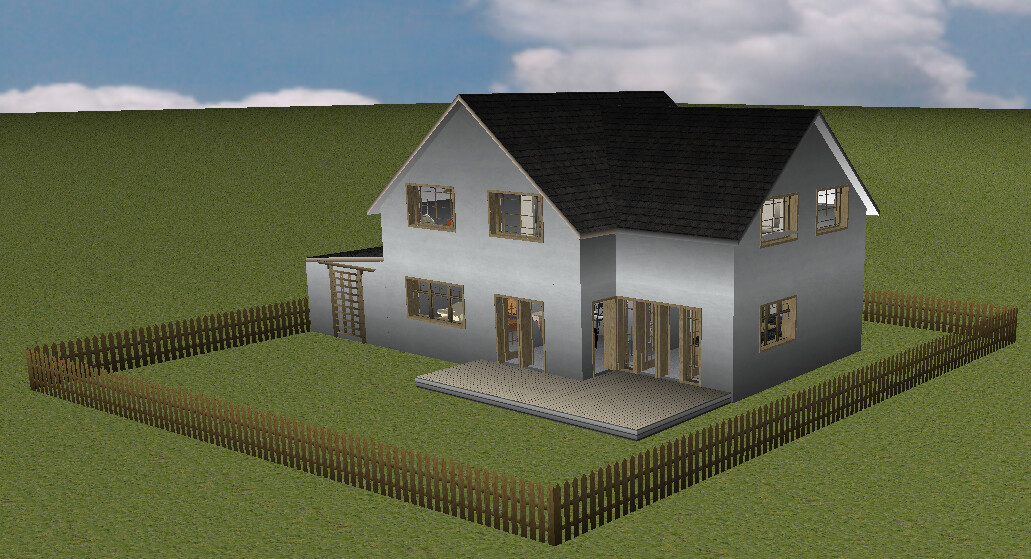 Zweistöckiges graues Haus mit schwarzem Satteldach, Terrasse und umzäuntem Garten.