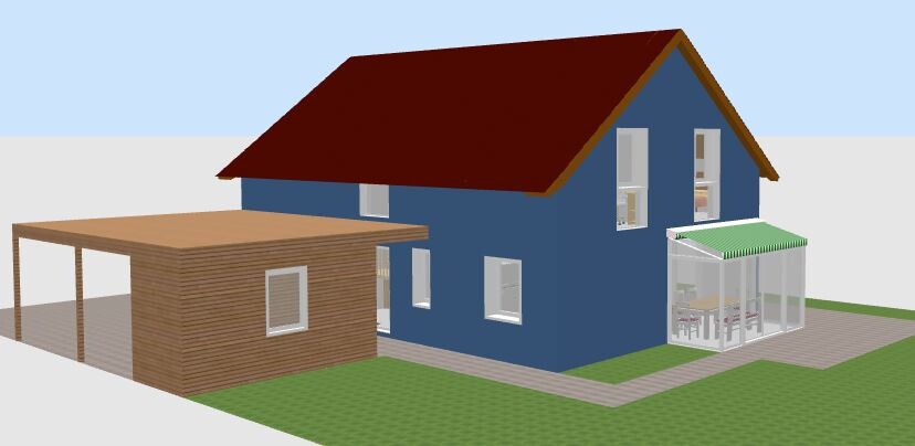 3D-Rendering eines blauen Hauses mit rotem Dach und Glas-Wintergarten.