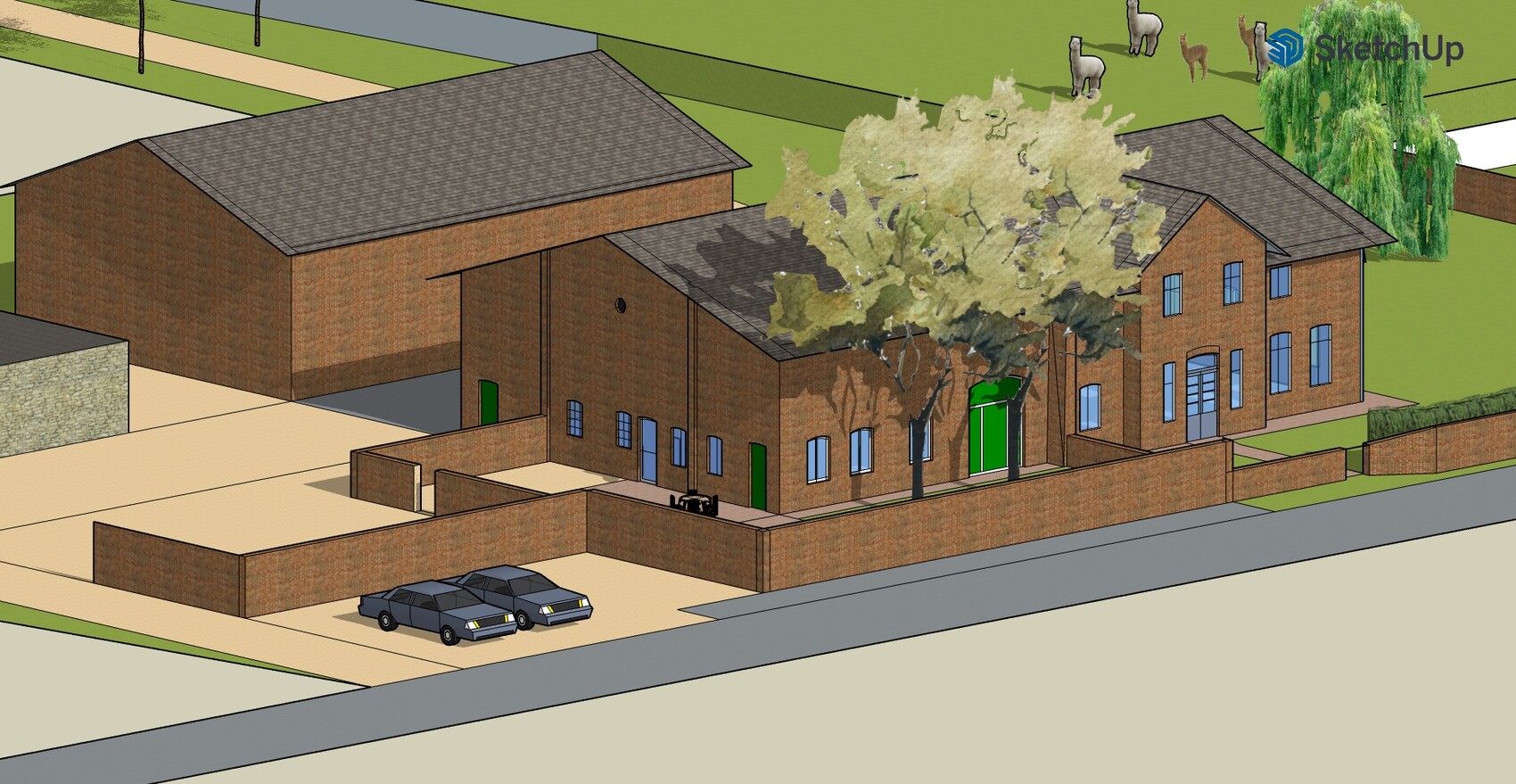 3D-Modell eines Backstein-Gebäudekomplexes mit Hof, Baum, Einfahrt und parkenden Autos.