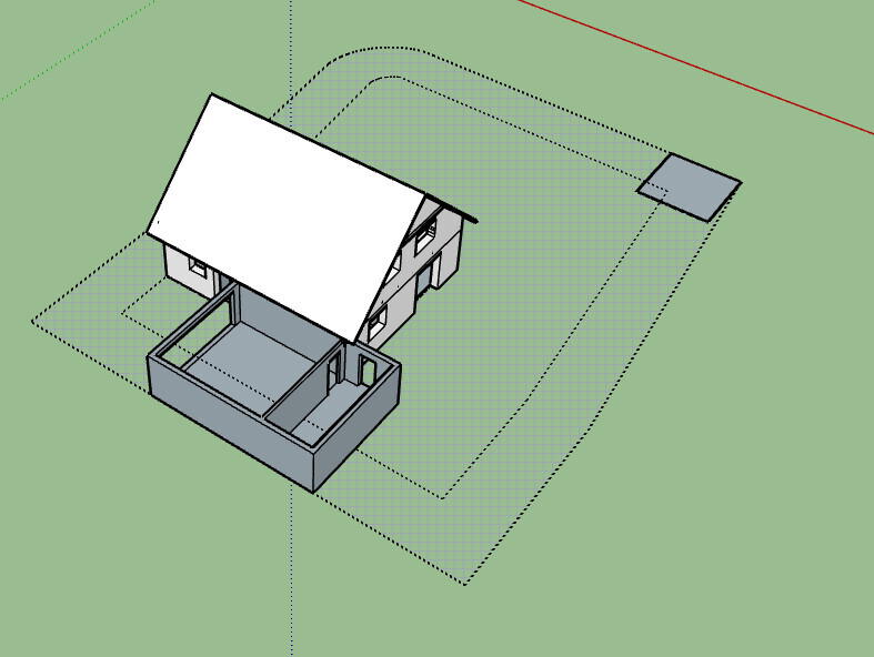 Isometrische 3D-Darstellung eines Hauses mit schrägem Dach, Terrasse und Grundstücksgrenze.