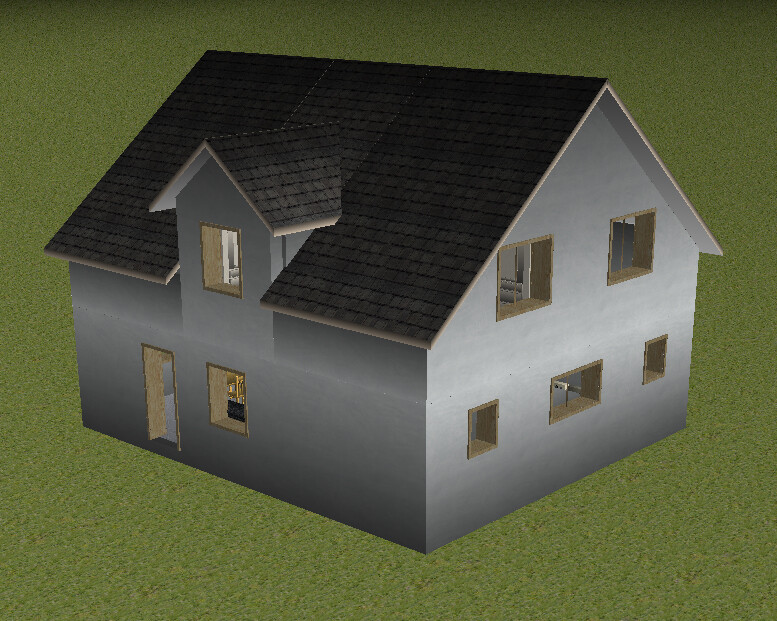3D-Modell eines zweistöckigen Hauses mit grauer Fassade und dunklem Dach auf Gras.