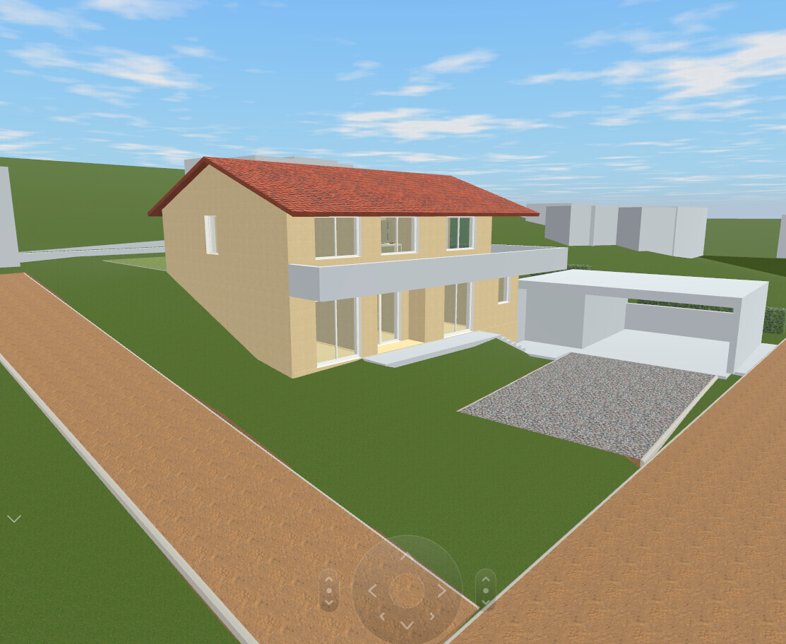 Beiges, zweigeschossiges 3D-Einfamilienhaus mit rotem Ziegel-Dach, Garage und Einfahrt