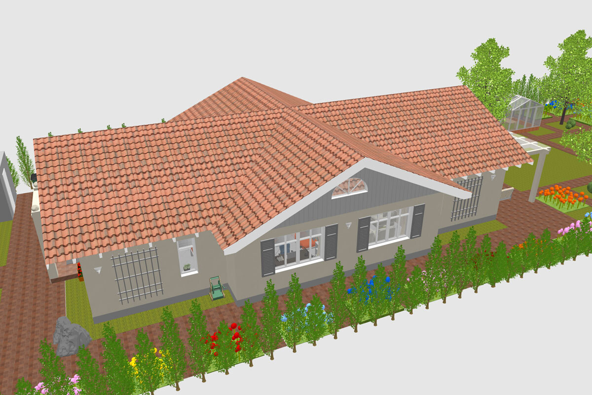 3D-Ansicht eines Einfamilienhauses mit rotem Ziegeldach, Fensterfront und Garten.