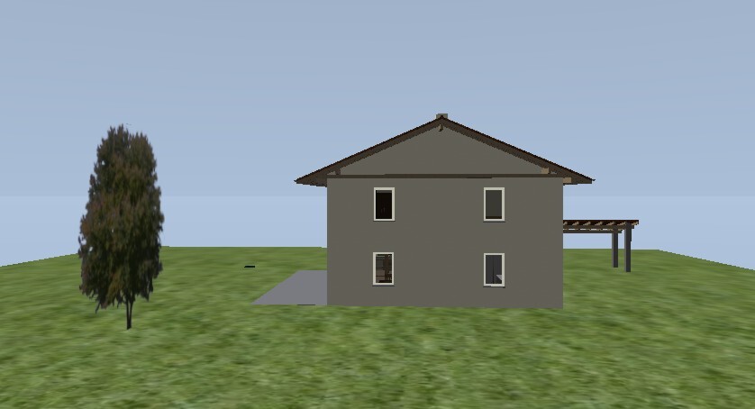 Zweistöckiges graues Einfamilienhaus 3D-Modell auf grüner Wiese mit Baum und Carport