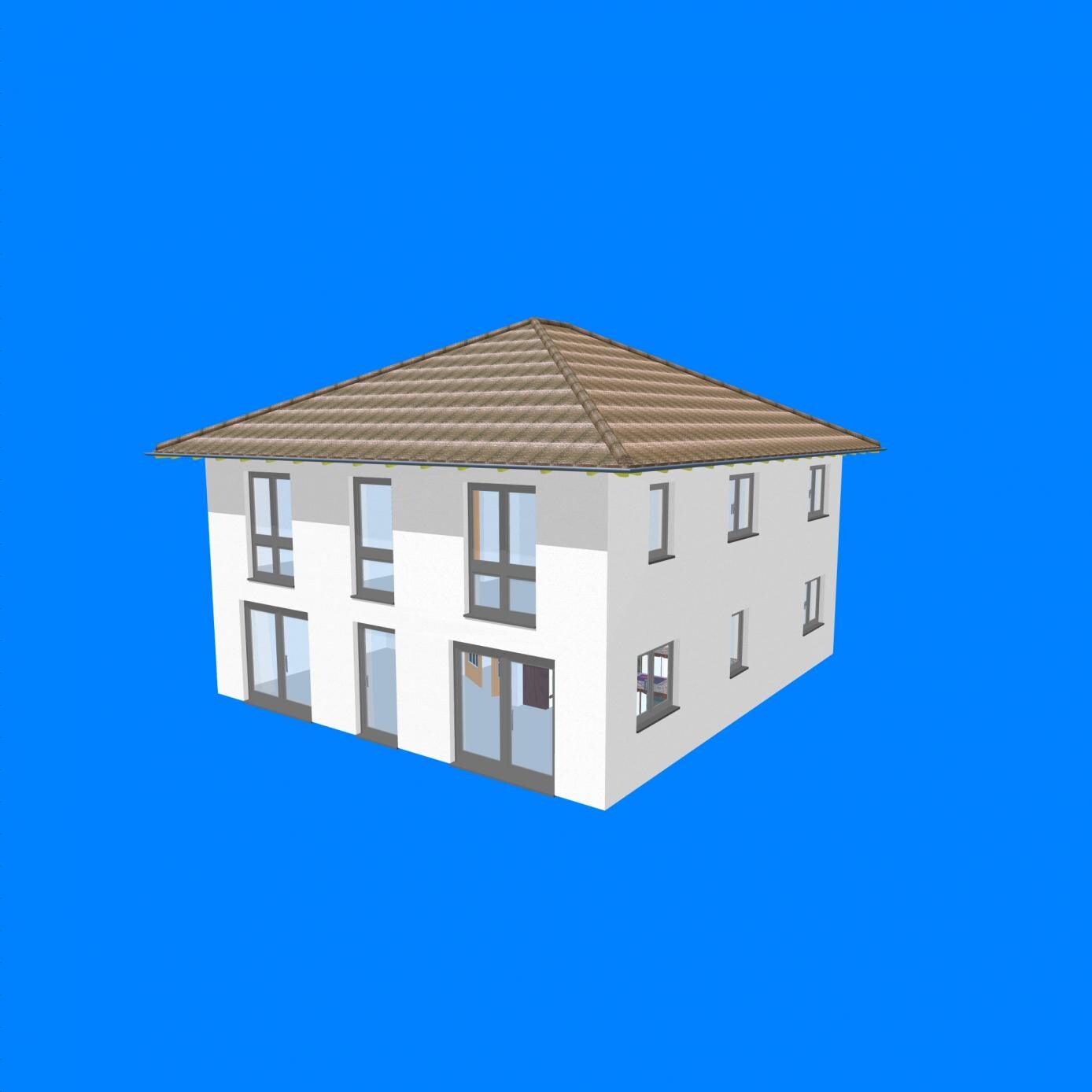 3D-Hausmodell eines zweigeschossigen Hauses mit grauer Fassade und Holzdach vor blauem Hintergrund