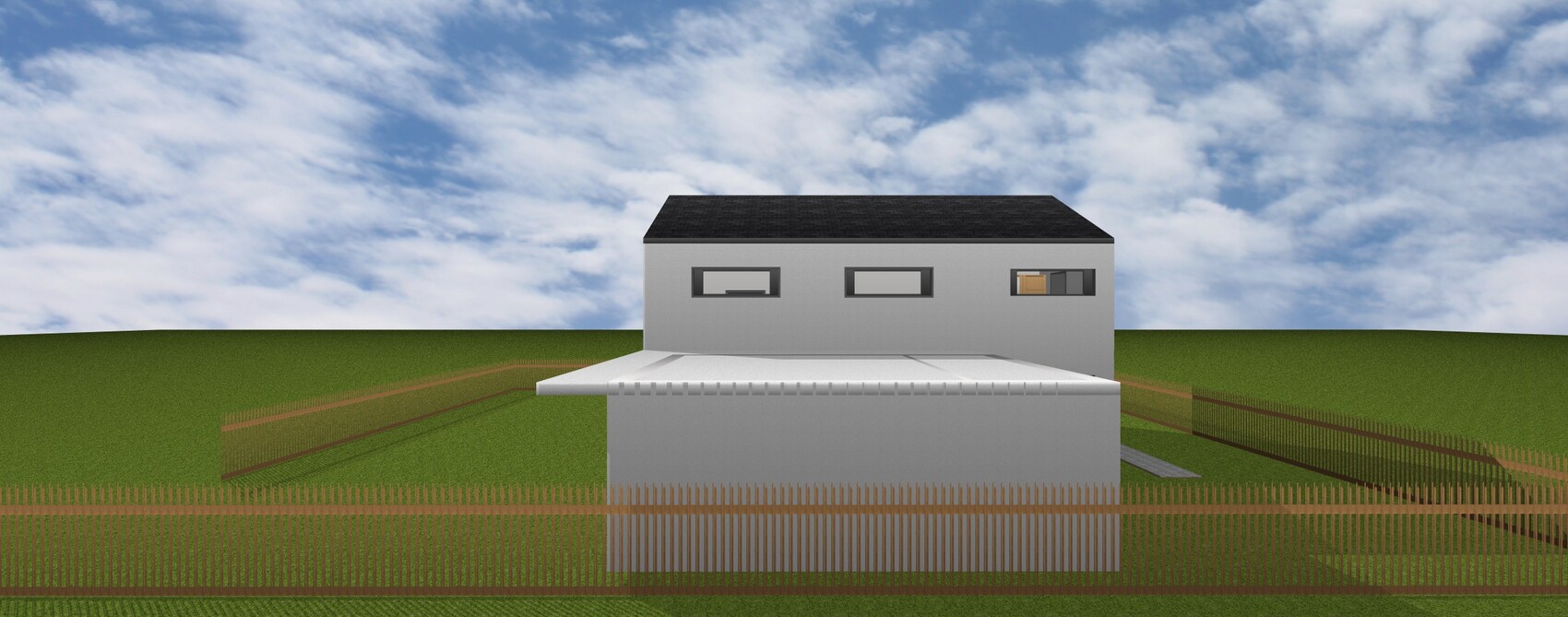 Moderne zweigeschossige graue Fassade mit Flachdach, Terrasse und Gartenzaun