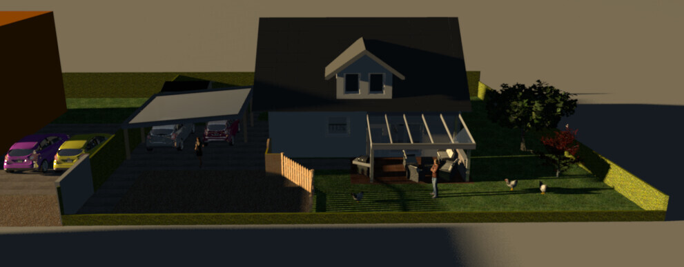 Einfamilienhaus mit Carport und Terrasse, mehrere Autos links, Garten mit Personen und Hühner.