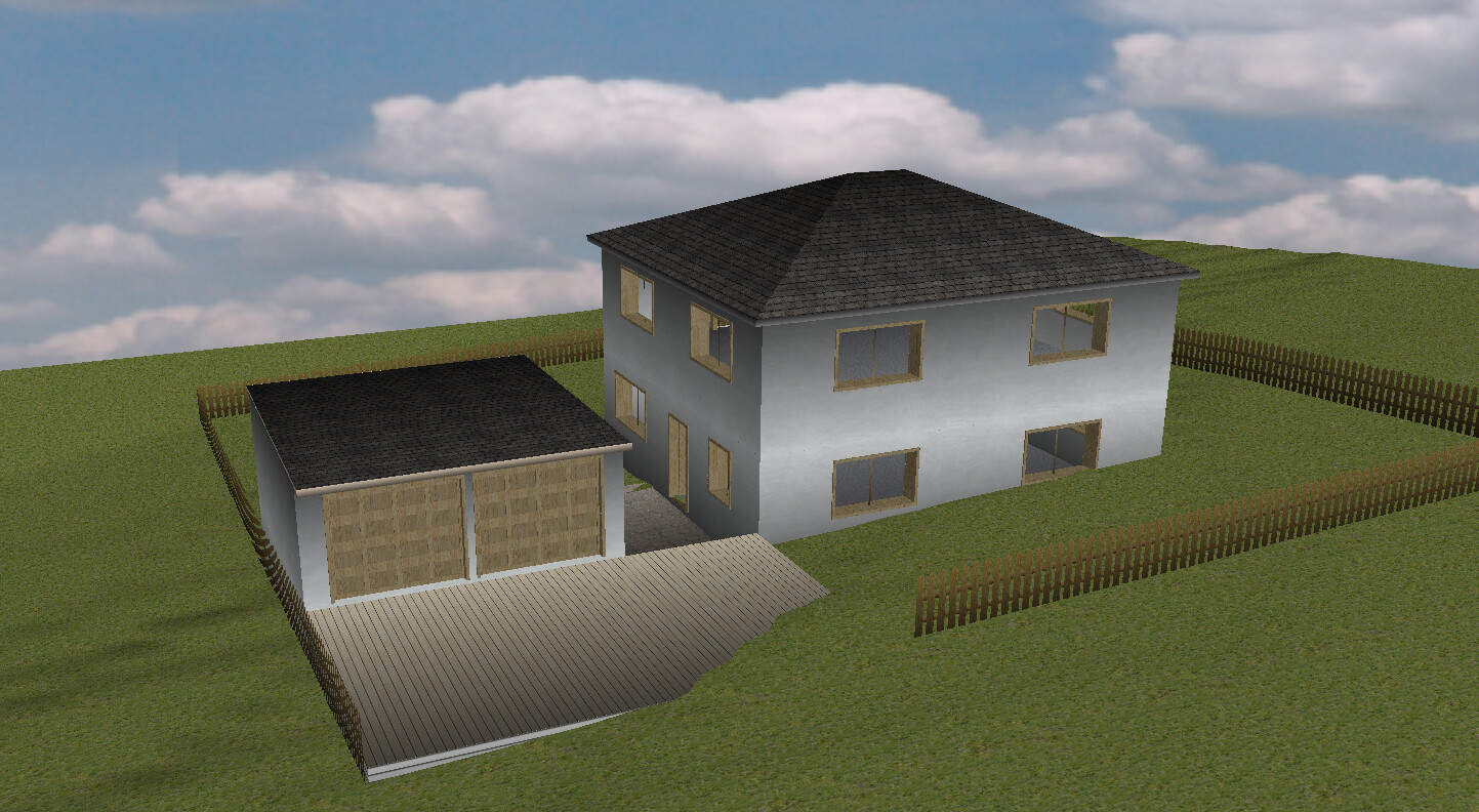 Zweistöckiges Wohnhaus mit separater Garage, Holzfensterrahmen, Zaun und grünem Garten.