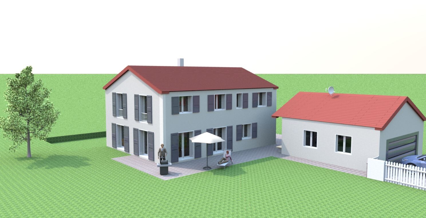 Großes Haus mit rotem Dach, Terrasse und Sonnenschirm; daneben kleines Haus mit Garage.