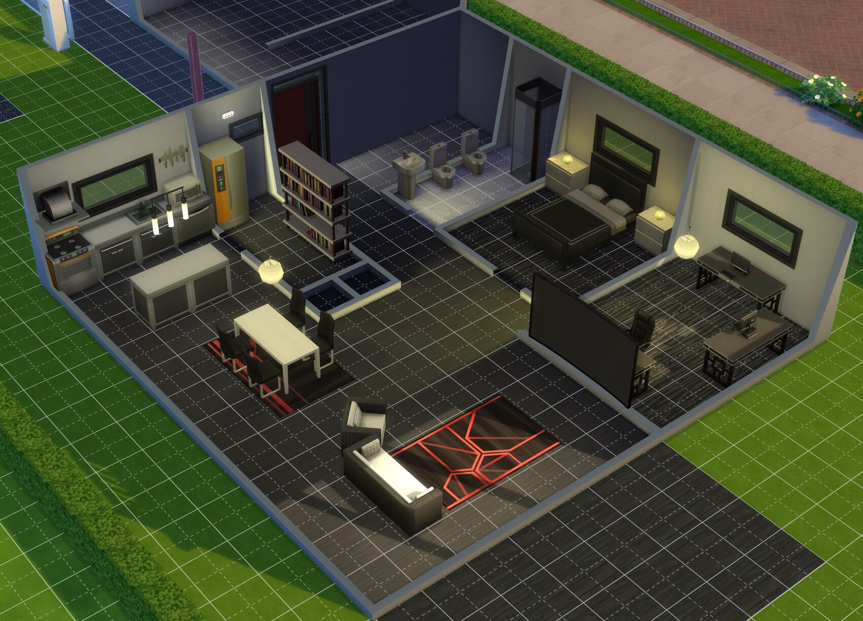 3D-Modell einer Haus-Innenansicht mit Küche, Essbereich, Wohnzimmer und Schlafzimmer