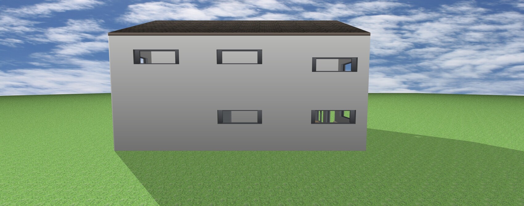 3D-Render eines modernen grauen Hauses mit schmalen Rechteckfenstern vor grünem Hang.