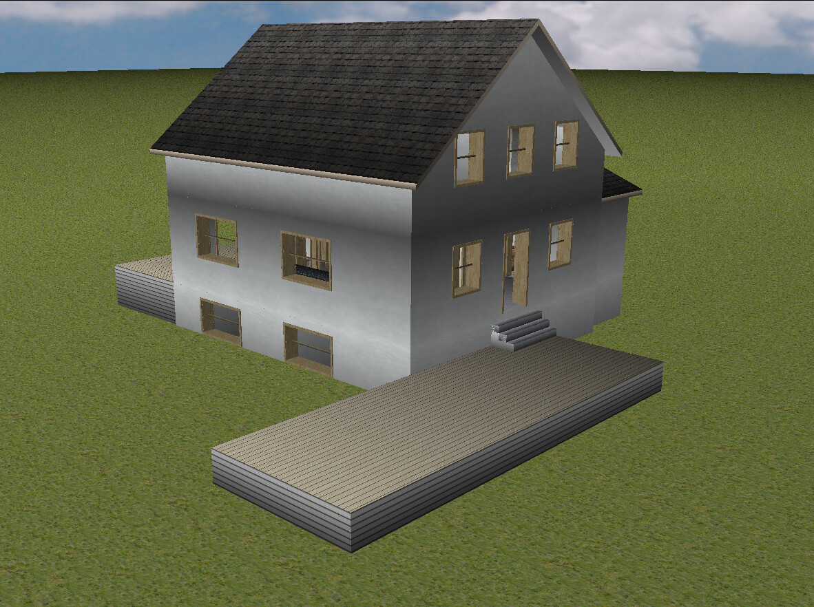 Zweistöckiges graues Haus mit dunklem Satteldach, vielen Fenstern und großen Holz-Terrassen auf Gras.